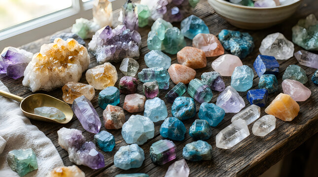 Colorful pile of assorted rough gemstones and minerals on a table