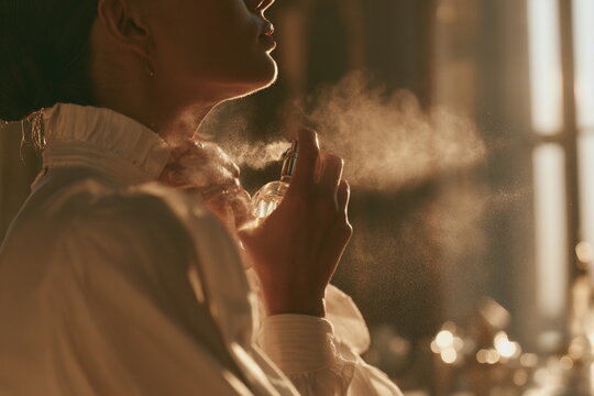 Elegant woman spraying luxury perfume in warm golden light, premium fragrance and beauty concept for cosmetic, skincare and fashion campaigns.
