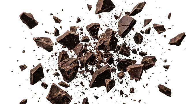 Explosion of dark chocolate chunks isolated on transparent background