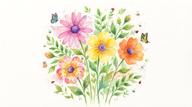 Colorful watercolor flowers with butterflies and leaves on stems