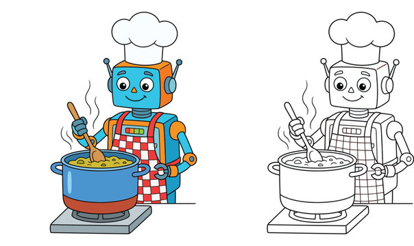 Cute Robot Chef Cooking Soup in Kitchen Vector Illustration and Line Art Coloring Page, Funny Cartoon Android Cook in Apron Set
