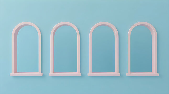 Four empty pink arched picture frames standing side by side