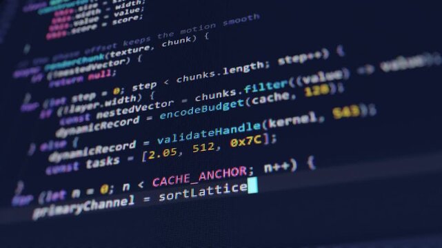 Close up macro shot of a computer screen with typing highlighted JavaScript source code. Blinking cursor on a dark blue software development interface with visible pixels and shallow depth of field