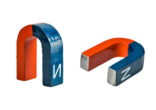 Horseshoe magnets isolated on white background showing magnetic poles for physics, science education and electromagnetic concepts