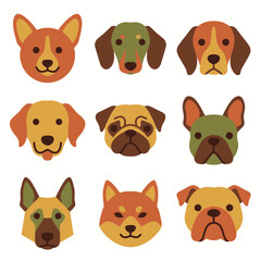 Fototapeta premium Set of cute flat style vector illustrations featuring diverse dog breeds heads in various warm and earthy colors