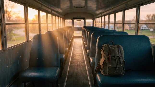 Empty school bus interior with backpack on seat during golden hour back to school event photography