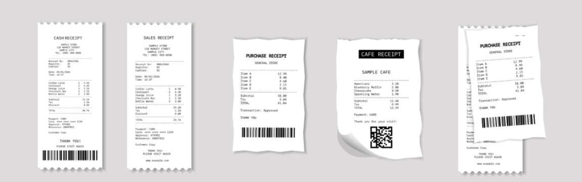 Set of realistic paper receipt templates with cash register bills, purchase receipts, cafe invoices, QR codes, barcodes, retail transaction layouts. 3D For POS systems, bookkeeping, ecommerce