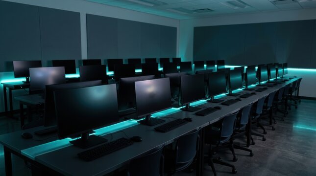 Modern computer lab with rows of desks and monitors under blue lighting for school or university