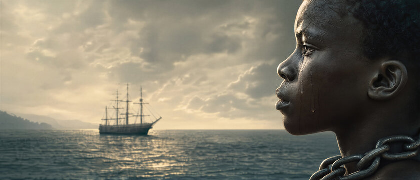 African child with chain looking at slave ship on ocean. Symbol of International Day for the Remembrance of the Slave Trade and Its Abolition. Banner with copy space