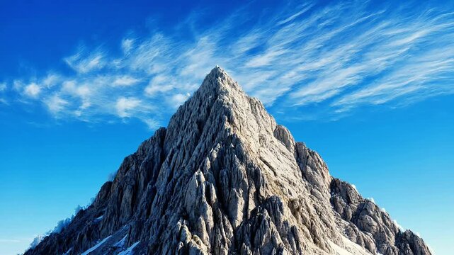 Majestic jagged mountain peak reaching towards a bright blue sky with wispy cirrus clouds summit rock stone landscape