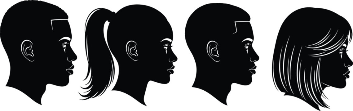 A vector profile portrait silhouette line art set featuring four different diverse male and female hairstyles and facial profiles including short buzz cut fade ponytail and bob with bangs.