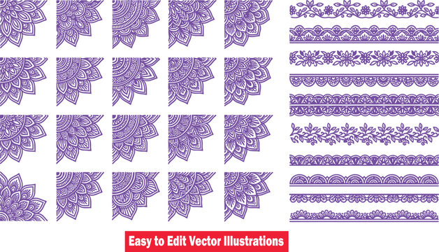 Set of decorative mandala corner elements and seamless borders