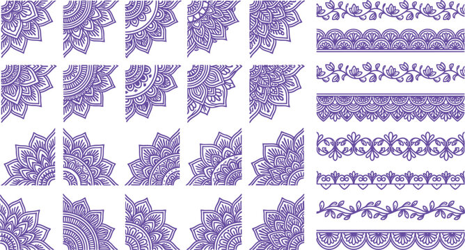 Set of purple mandala corner ornaments and decorative borders
