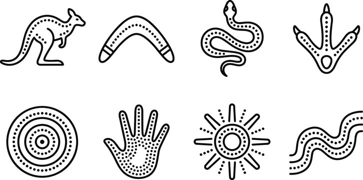 Australian Aboriginal Style Line Icon Set with Dot Art Kangaroo Boomerang Snake and Sun Symbols