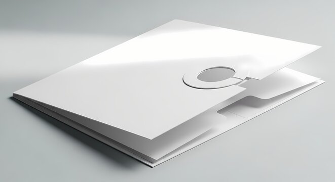 White presentation folder with circular die-cut on grey studio background in sharp focus for corporate branding identity design