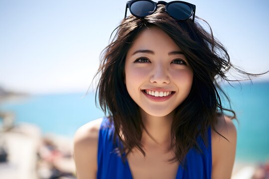 Joyful Young Asian Woman Smiling Happily at the Beach with Sunglasses on Her Head