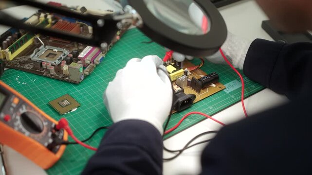 Close-up technician repairing a printed circuit board in a modern repair lab. PCB diagnostics, soldering electronic maintenance, right to repair. Sustainable technology and skilled technician.
