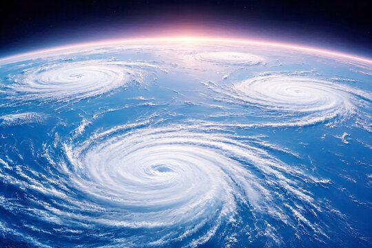 Dramatic Satellite View of Multiple Cyclones and Hurricanes Orbiting Earth at Sunrise.