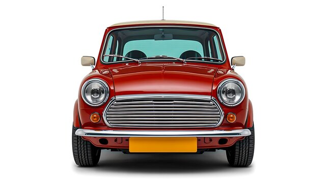 Classic red vintage compact car front view isolated on white background