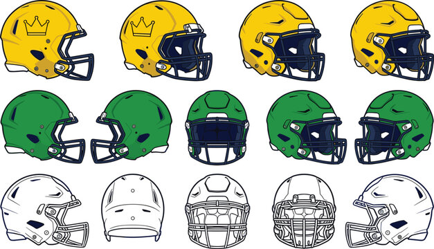 American football helmets set in multiple angles featuring yellow green and line art protective headwear designs vector