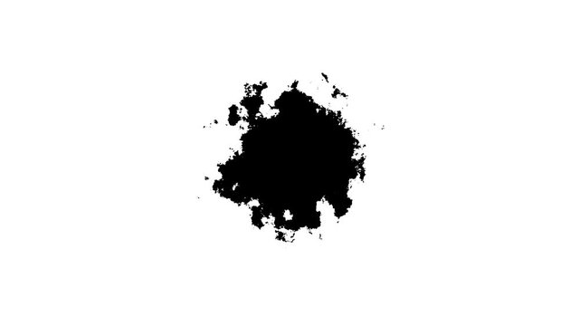 Dramatic ink blot burst transition, abstract textured splash frame graphics design on white background, black luma effect splatter stain leak spread flow scatter over screen ink transition, 4k video