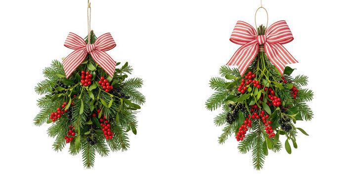 Two festive christmas mistletoe bundles with red berries and striped bows isolated on transparent background