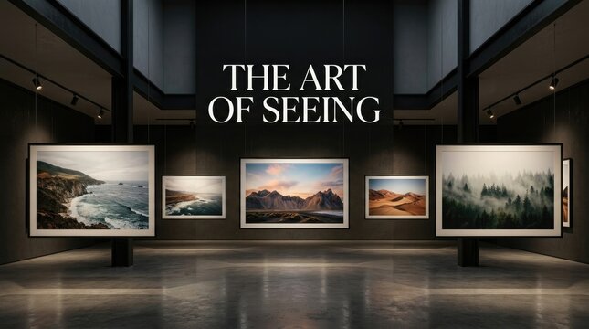 A modern art gallery showcasing beautiful landscape photographs to celebrate world photography day with elegant frames and professional lighting on display
