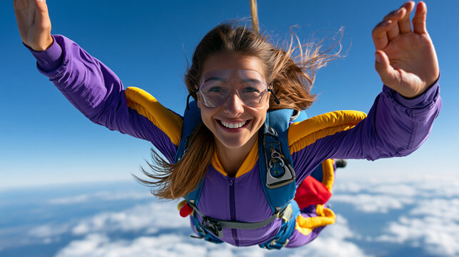 Faceless young woman enjoying skydiving in the open sky, skydiving, extreme sport, freefall thrill, adventure, adrenaline hobby, with copy space