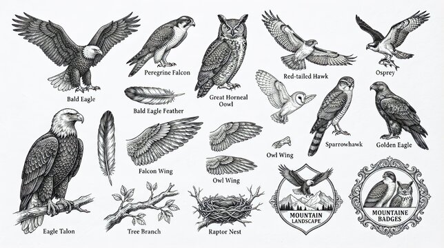 Hand-drawn birds of prey and raptors elements set vector illustration draw