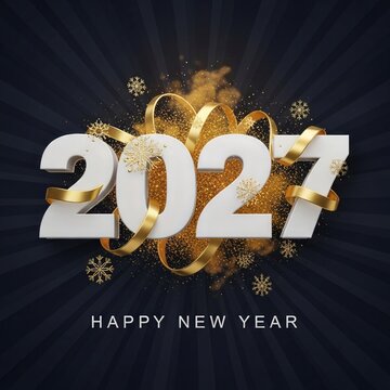 Happy New Year 2027 celebration background with 3D white numbers, golden ribbons, snowflakes and sparkling glitter on dark radial rays