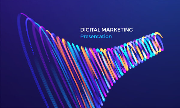 A swirling funnel of big data. Concept of moving to the next level toward a new goal. A vortex in neon colors and a glowing effect. A flow of ascending energy. Vector for poster, cover, presentation.