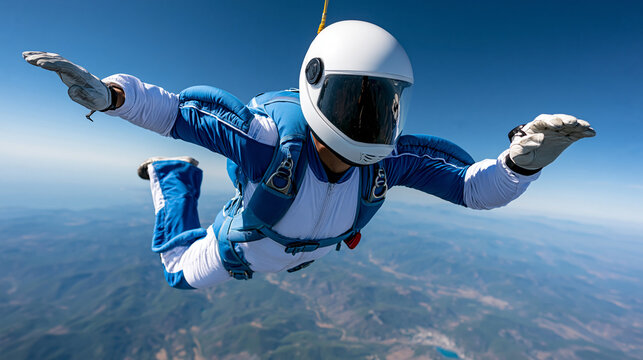 Back view of a faceless skydiver high in the air, skydiving back view, aerial adventure, extreme sport, freefall thrill, adventure lifestyle, with copy space