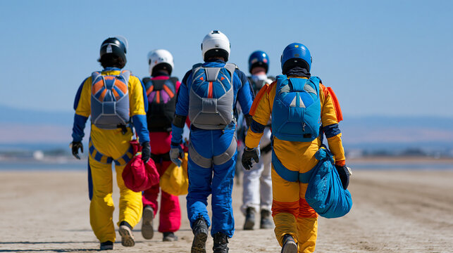 Faceless skydivers walking with their parachutes after landing, post-jump routine, skydiving gear, extreme sport, adventure lifestyle, freefall equipment, with copy space