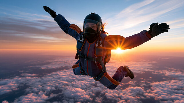 Skydiving above the clouds at sunset with stunning aerial views, skydiving, sunset adventure, extreme sport, thrilling experience, aerial scenery, with copy space