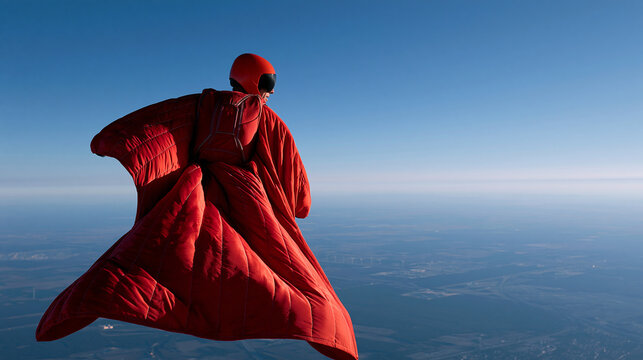 Faceless wingsuit skydiver flying through the air, wingsuit skydiving, extreme sport, aerial flight, adrenaline adventure, freefall, with copy space