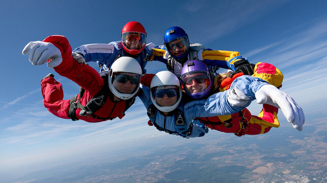 Faceless group of skydivers forming a circle formation mid-air, skydive formation, group adventure, extreme sport, freefall thrill, aerial recreation, with copy space