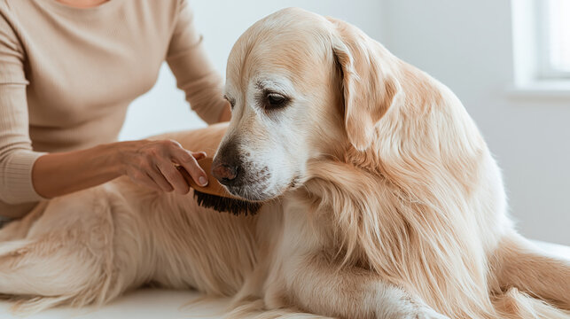 Adult woman gently brushing calm golden retriever in home pet care routine with soft natural light
