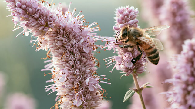 Bee on pink wildflower in soft garden light, pollinator garden article hero image with native bloom and natural blur