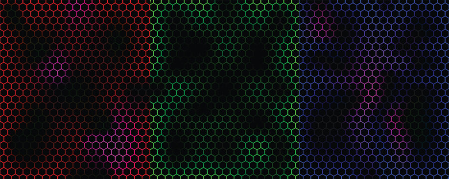 Set of black hexagon pattern on glowing red, blue, green neon abstract background in technology style. Modern futuristic geometric shape collection vector design. Can use for cover template, poster.