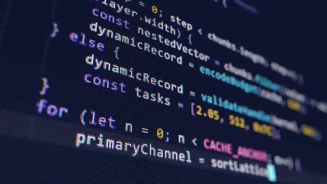 Close up macro shot of a computer screen with typing highlighted JavaScript source code. Blinking cursor on a dark blue software development interface with visible pixels and shallow depth of field