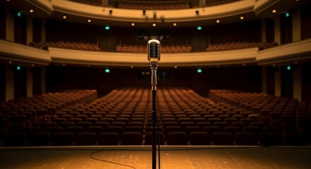 Naklejka premium Vintage Microphone Center Stage in Empty Theater