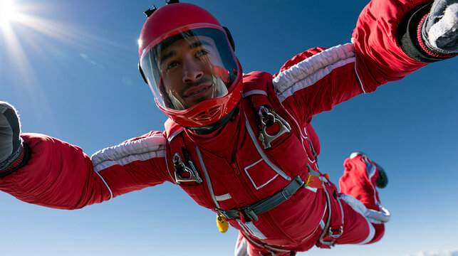 Skydiving action photo capturing freefall motion, skydiving, extreme sport, freefall thrill, adventure lifestyle, adrenaline hobby, with copy space