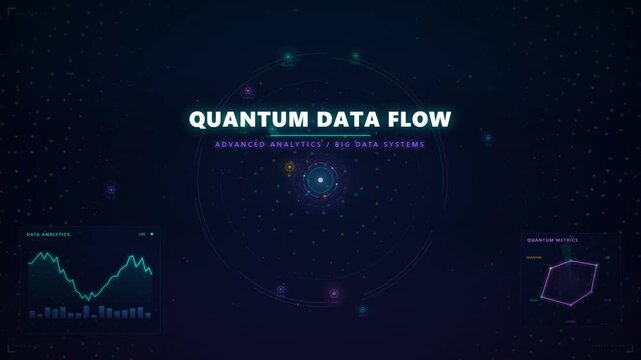 Quantum Data Flow graphic with particle effect, text and abstract data visualization