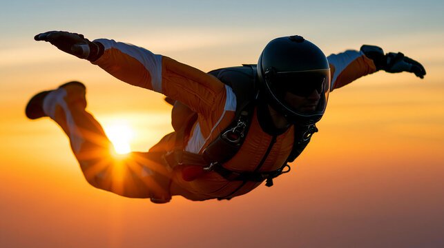 Faceless skydiver captured in silhouette against a fiery sunset sky, skydiving silhouette, sunset adventure, extreme sport, freefall thrill, aerial recreation, with copy space