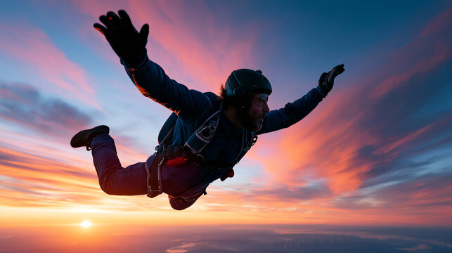 Faceless skydiver captured in silhouette against a fiery sunset sky, skydiving silhouette, sunset adventure, extreme sport, freefall thrill, aerial recreation, with copy space