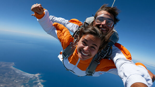 Jubilant faceless woman experiencing tandem skydiving with her instructor, tandem skydiving, freefall thrill, extreme sport, adventure, adrenaline hobby, with copy space