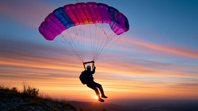 Silhouette of a faceless parachutist landing at sunset, skydiving silhouette, sunset landing, extreme sport, adventure lifestyle, aerial recreation, with copy space