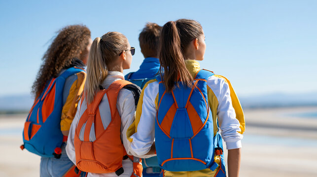 Faceless group of friends preparing for a tandem skydiving jump, group adventure, tandem skydiving, extreme sport, friendship thrill, adrenaline hobby, with copy space