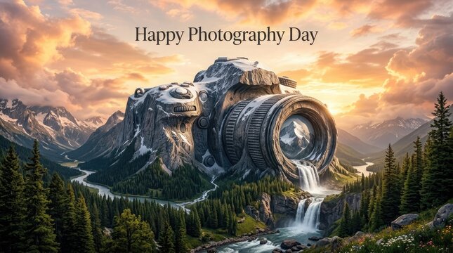 Surreal digital art composition featuring a giant camera shaped mountain landscape celebrating world photography day with beautiful sunset and waterfall scenery