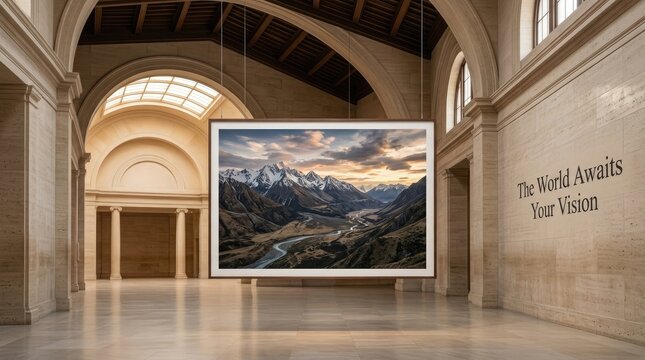 A large landscape photograph displayed in an elegant art gallery hall for world photography day celebration and professional artistic exhibition showcase